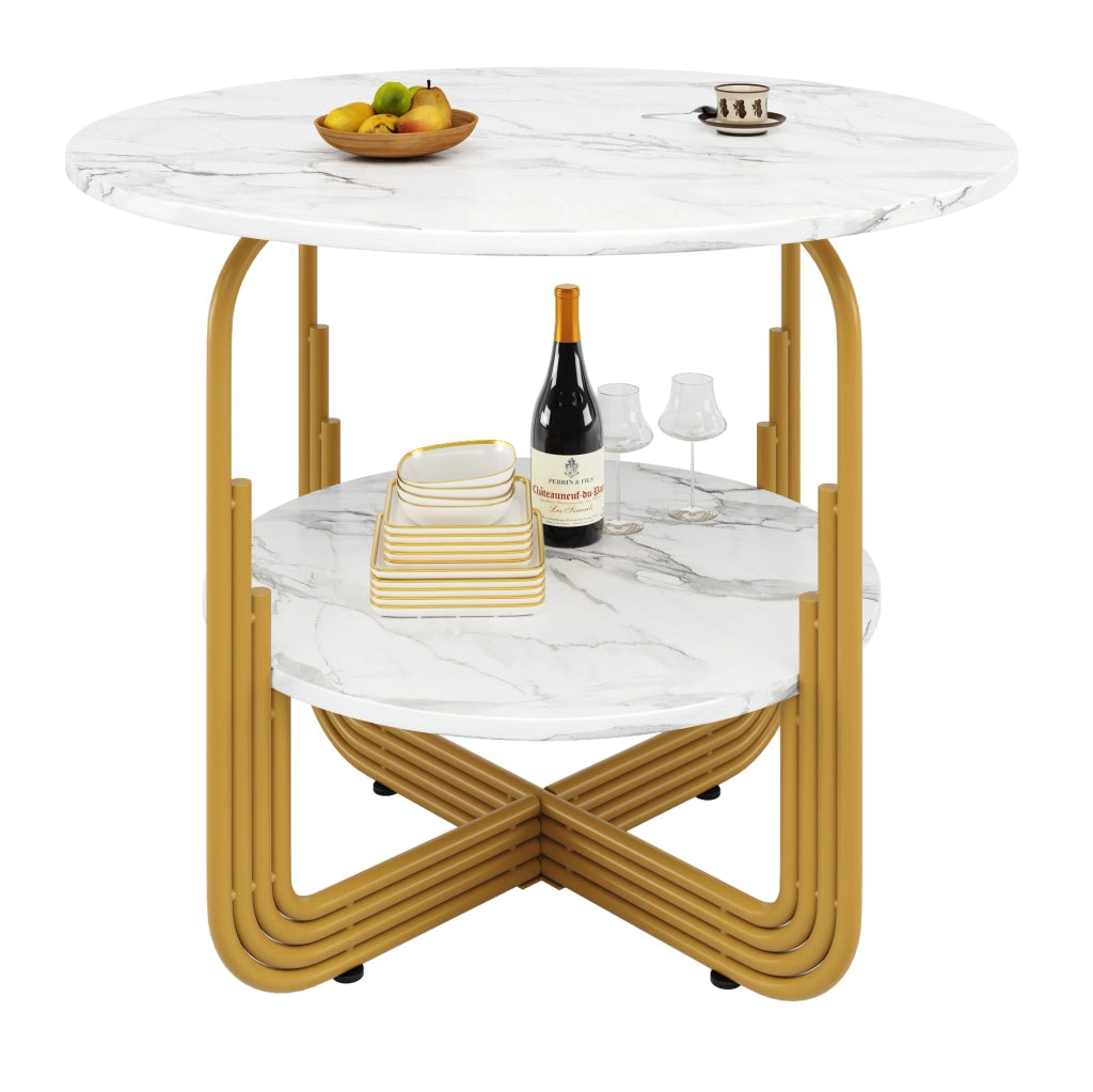Tavolo da pranzo rotondo 80x80x76 cm con piano effetto marmo in MDF; oro