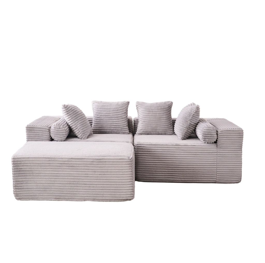 Divano modulare componibile 3 pezzi senza montaggio; chaise longue ampia; grigio