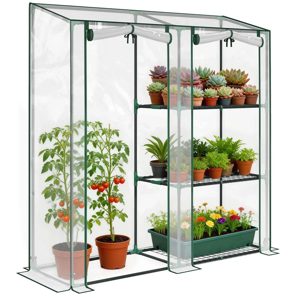 Serra Verticale a 2 Sezioni con 3 Ripiani, in Plastica e Acciaio, 143x45x151 cm, Verde Scuro e Trasparente