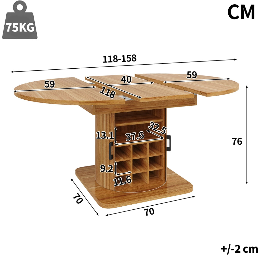Tavolo allungabile 118x118x76 cm con vano contenitore e ripiani estraibili; MDF e metallo; marrone scuro