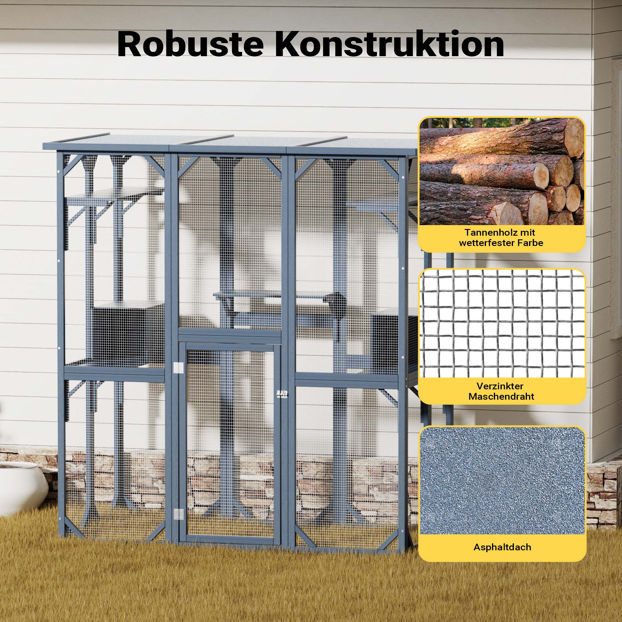 Recinto per gatti da esterno 1705 x 925 x 1810 mm, recinzione antifuga in legno con tetto in asfalto, diversi livelli, per giardino, balcone, terrazzo