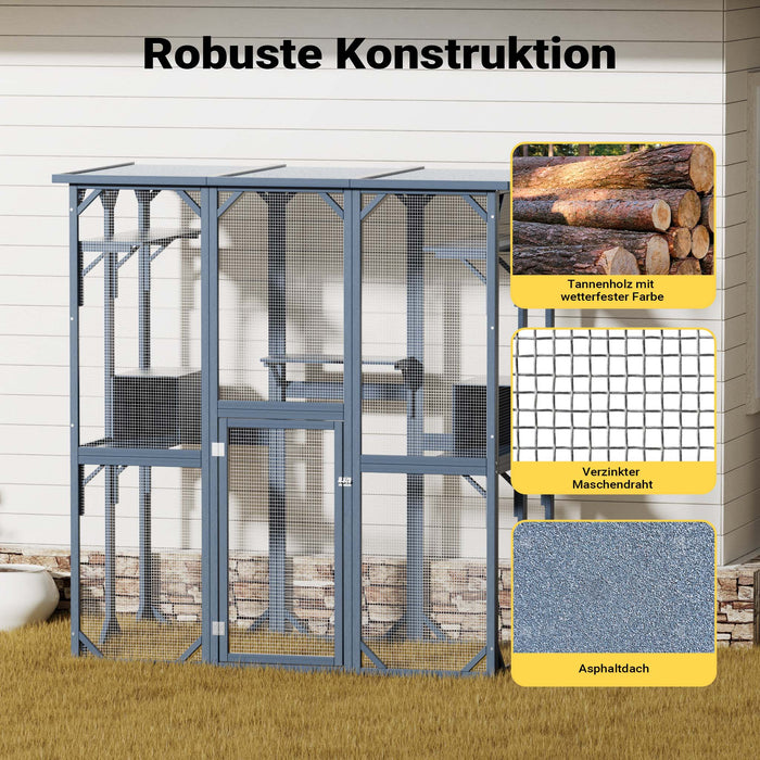 Recinto per gatti da esterno 1705 x 925 x 1810 mm, recinzione antifuga in legno con tetto in asfalto, diversi livelli, per giardino, balcone, terrazzo