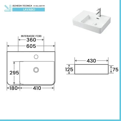 Lavabo sospeso 60x43 in ceramica lucida con ripiano a sinistra
