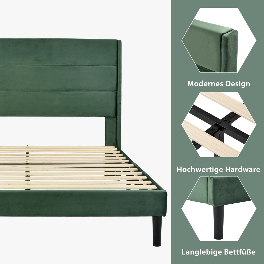 Letto Matrimoniale 140 x 200 cm con Testiera Imbottita; senza Materasso; in Velluto; Verde Scuro