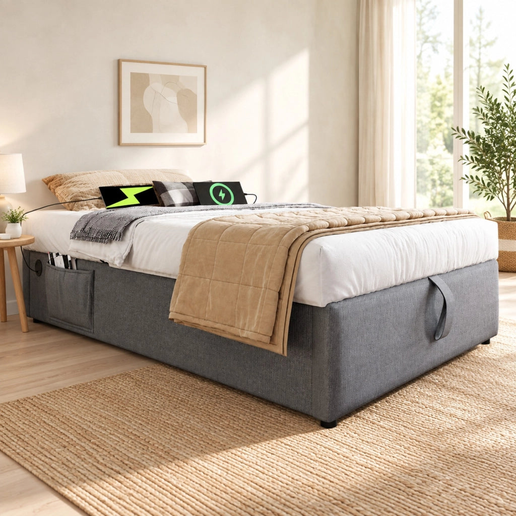 Letto singolo 90x200 cm con contenitore idraulico; USB e USB-C; in cotone e lino grigio