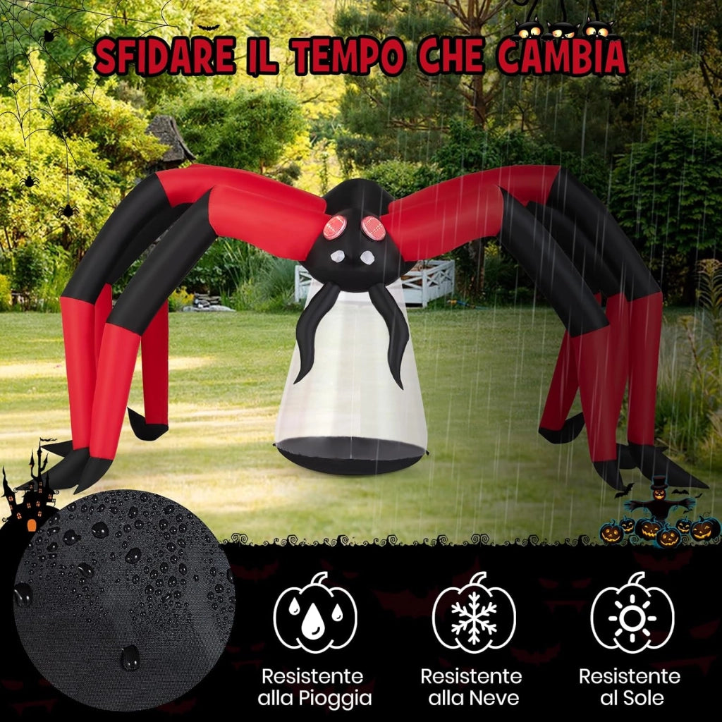 COSTWAY Ragno Gonfiabile di Halloween, Ragno Spaventoso Gonfiabile per Giardino con Occhi Illuminati a Tunnel Rossi, Decorazione da Giardino Festiva con LED e Picchetti, per Prato e Festa