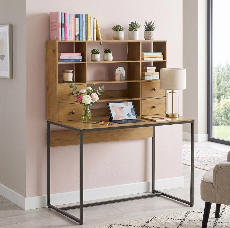 Scrivania con contenimento 105 cm in legno naturale， 4 cassetti e ripiani per studio