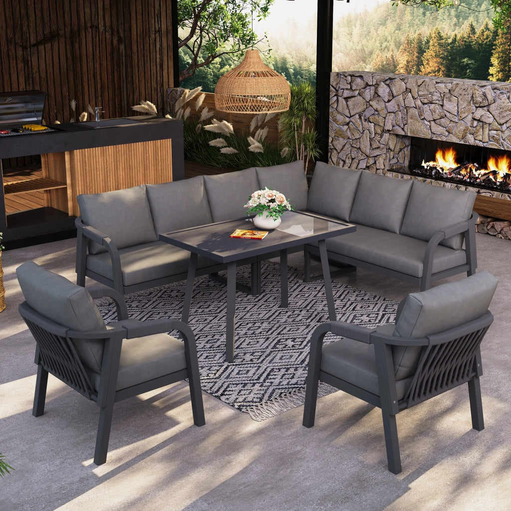 Set Pranzo da Giardino 8 Posti con Divano Angolare, Tavolo e Poltrone ¨C Xylo ¨C Polyrattan Grigio