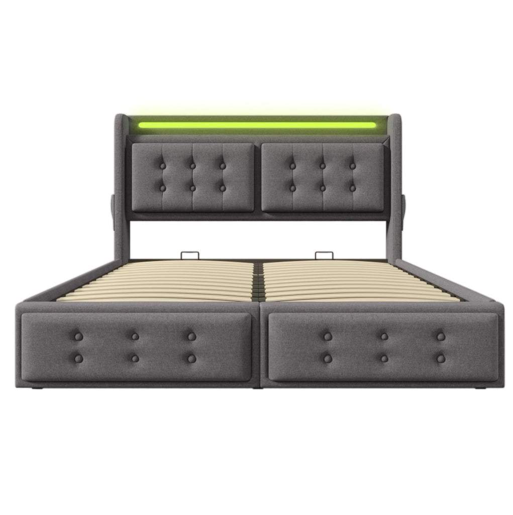 Letto matrimoniale imbottito 180x200 con LED, prese USB e contenitore