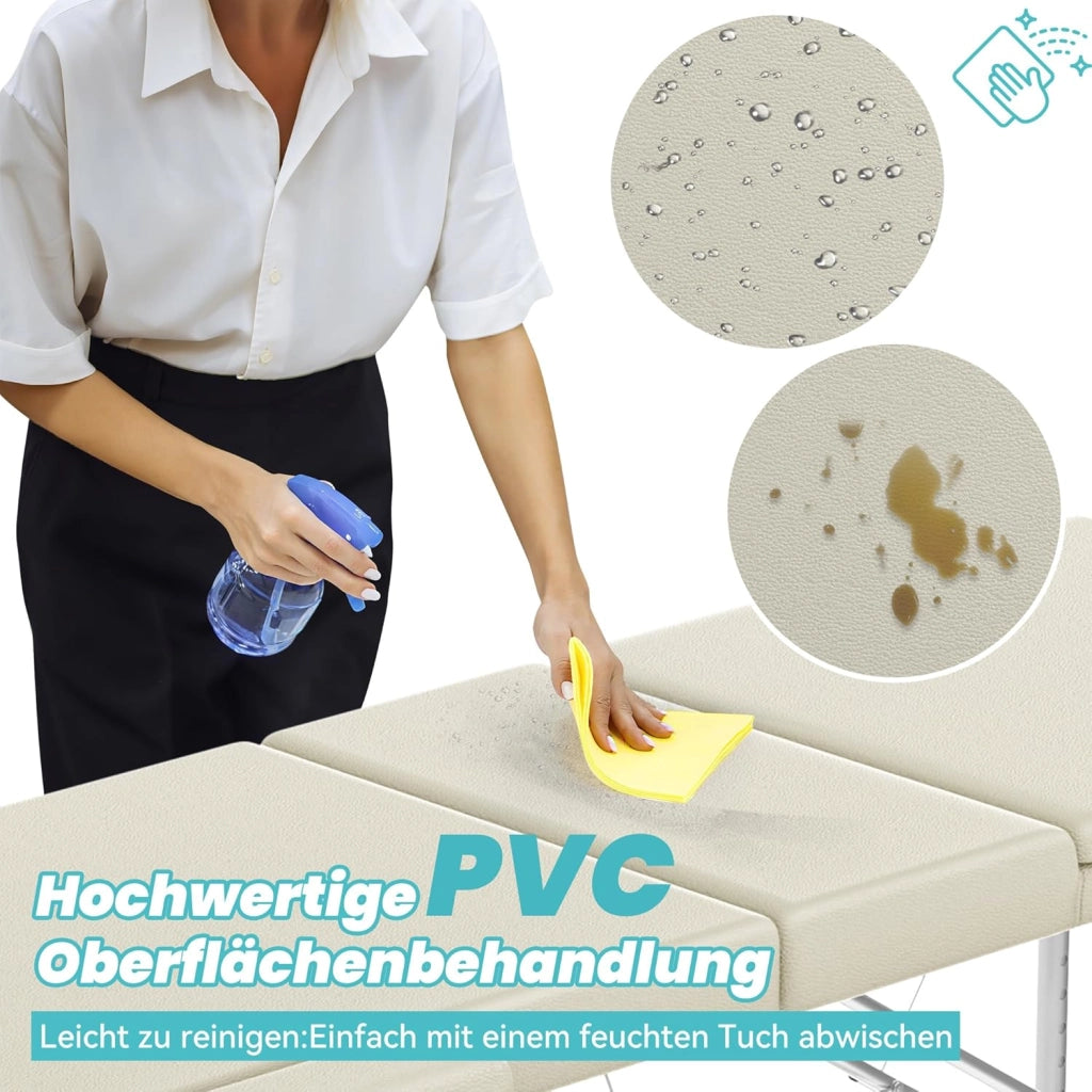 Lettino massaggiante pieghevole a 3 zone, altezza regolabile con braccioli, cuscino viso e custodia, in alluminio, colore: beige