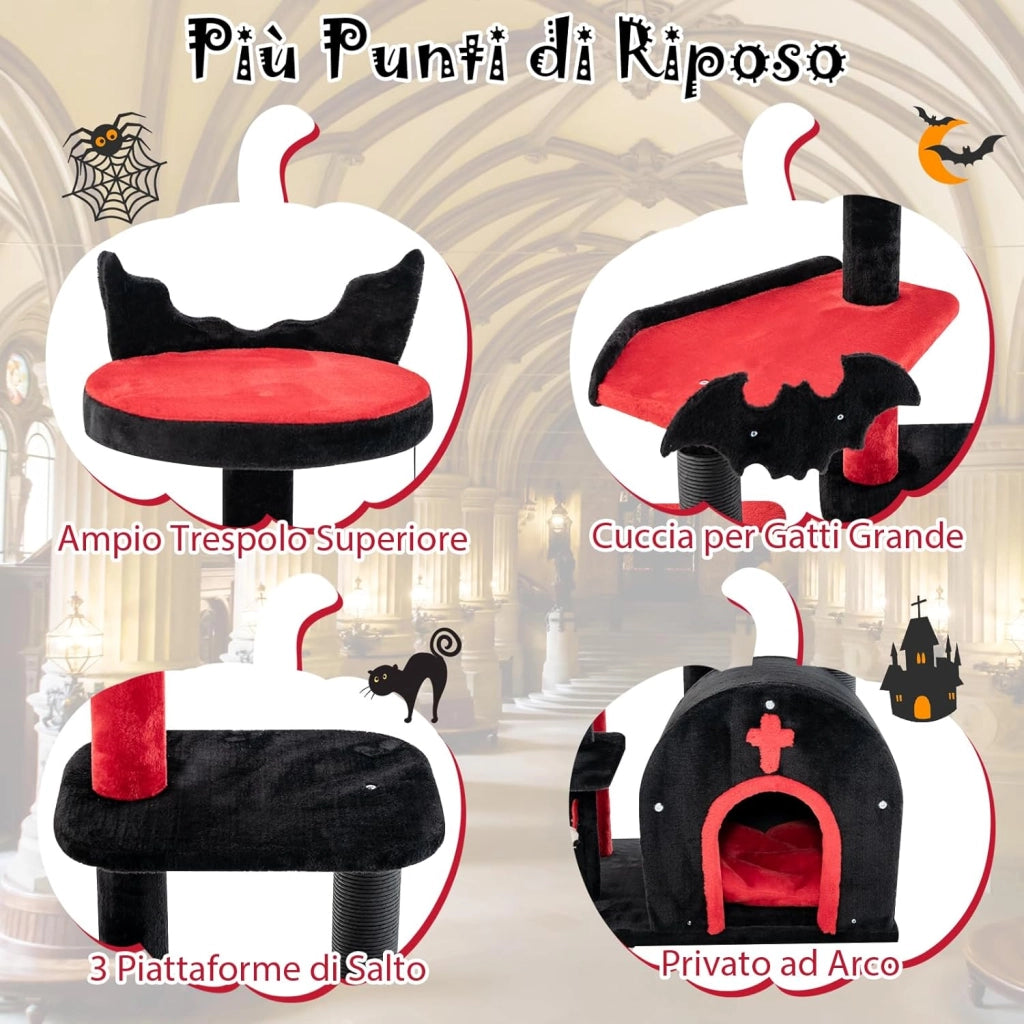 Albero per Gatti Gotico, Tiragraffi con Letto per Gatti, Condominio ad Arco, Pali, Pompom e Palline a Molla, Cat Tree di Halloween a 6 Livelli, Nero e Rosso