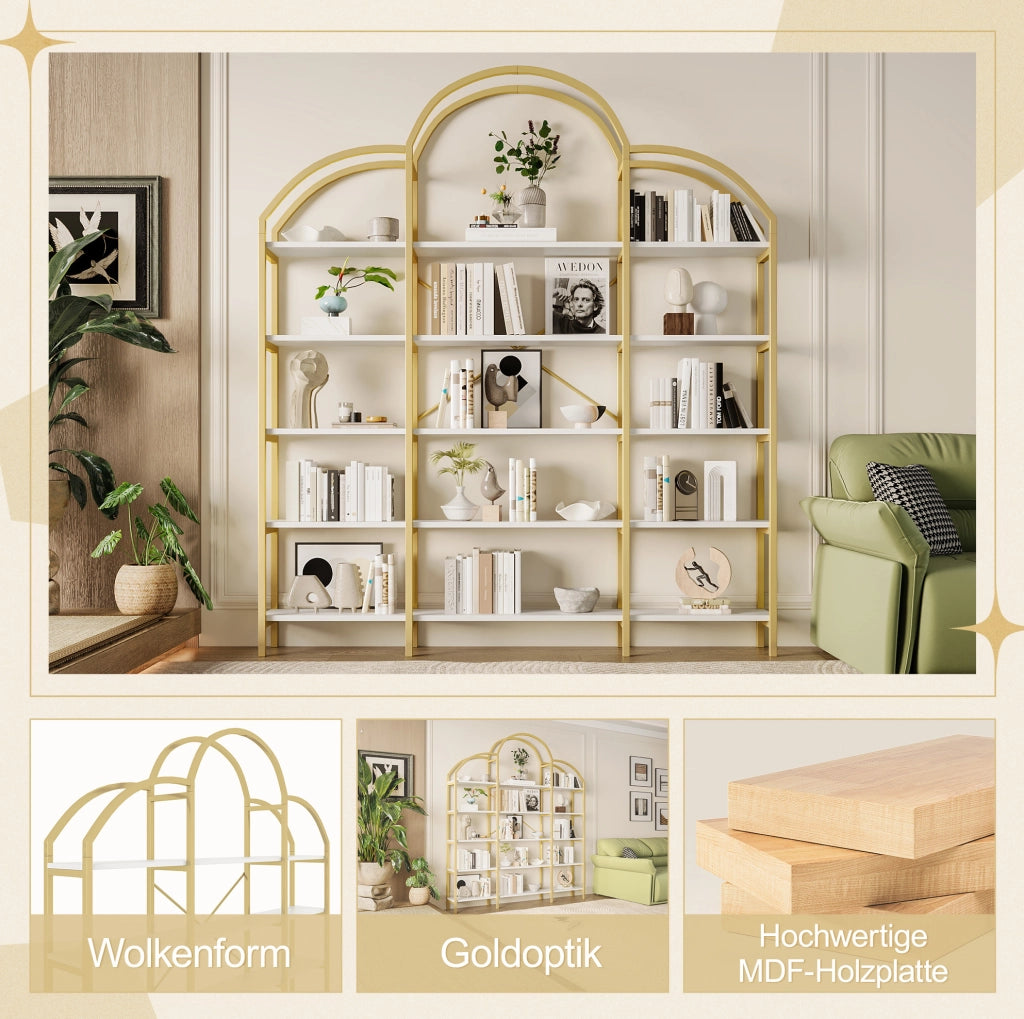 Scaffale a 5 ripiani in metallo e MDF, stile essenziale, oro e bianco