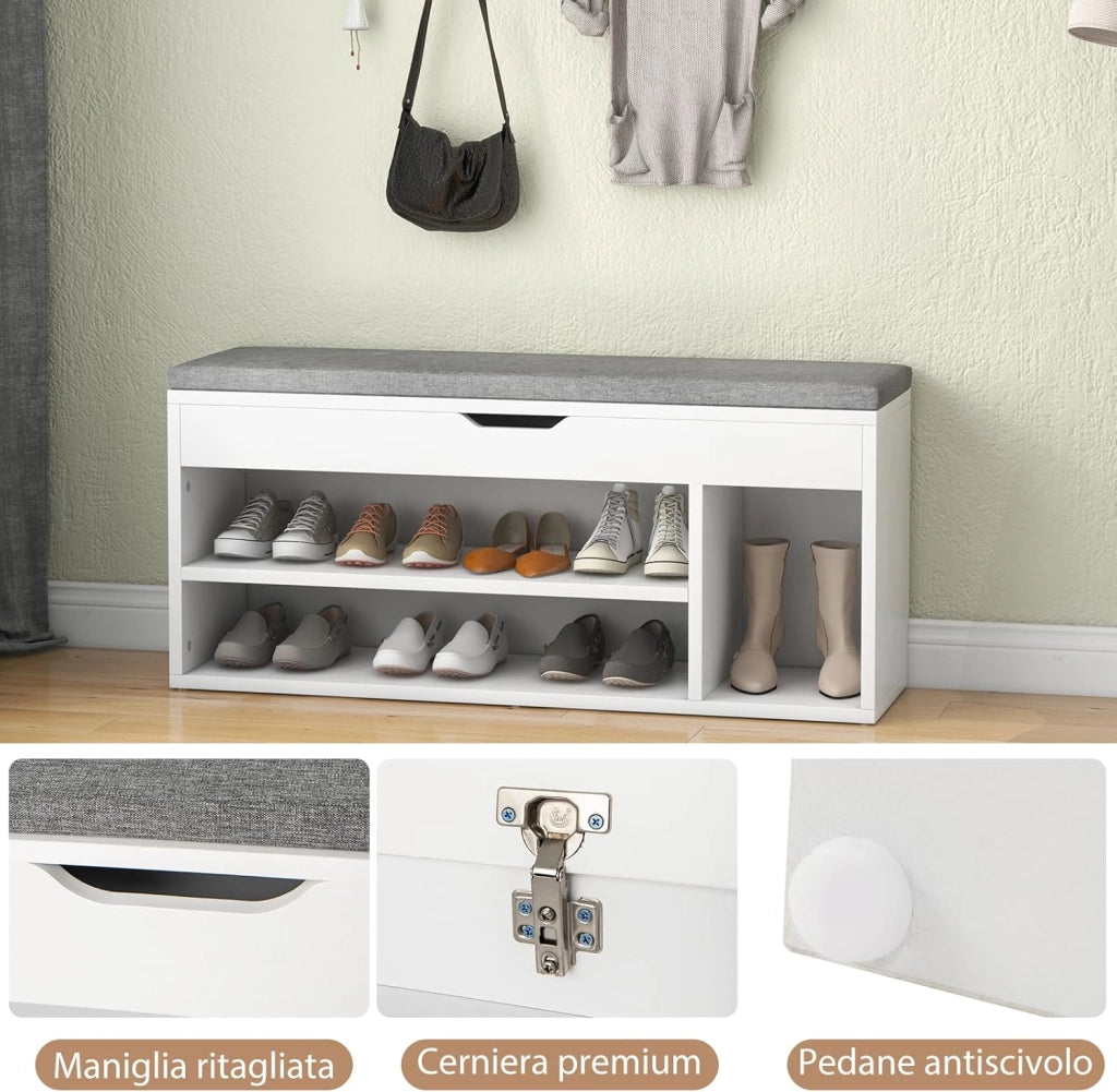 Scarpiera Panca con Cuscino, Scarpiera da Ingresso Salvaspazio, Panca Contenitore per Ingresso Corridoio, 104x30x48 cm, Carico 150 kg (Grigio)