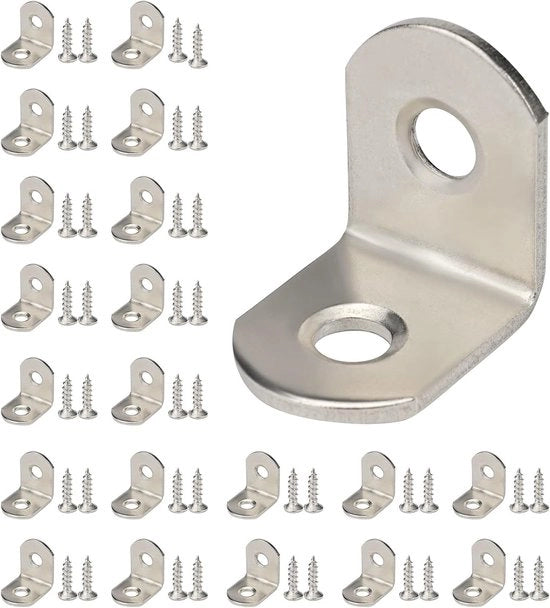 20 pezzi di connettori angolari in acciaio inossidabile, angolo metallico di 90 gradi, connettore angolare per mobili con 40 viti per legno e fissaggio.