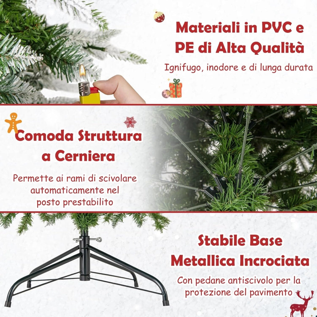 Albero di Natale Slim Pre-Luminoso 225 CM, Albero di Natale Artificiale Innevato con 350 Luci LED Bianche Calde, Rami Articolati e 913 Punte e 75 Pigne (225 CM)