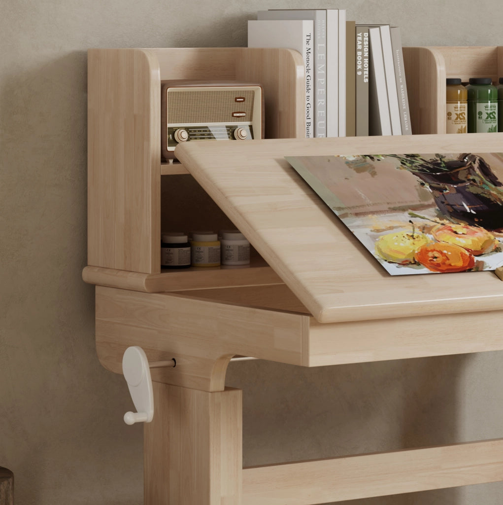 Scrivania per bambini 92.2x60x89 cm regolabile in altezza con piano inclinabile; legno naturale