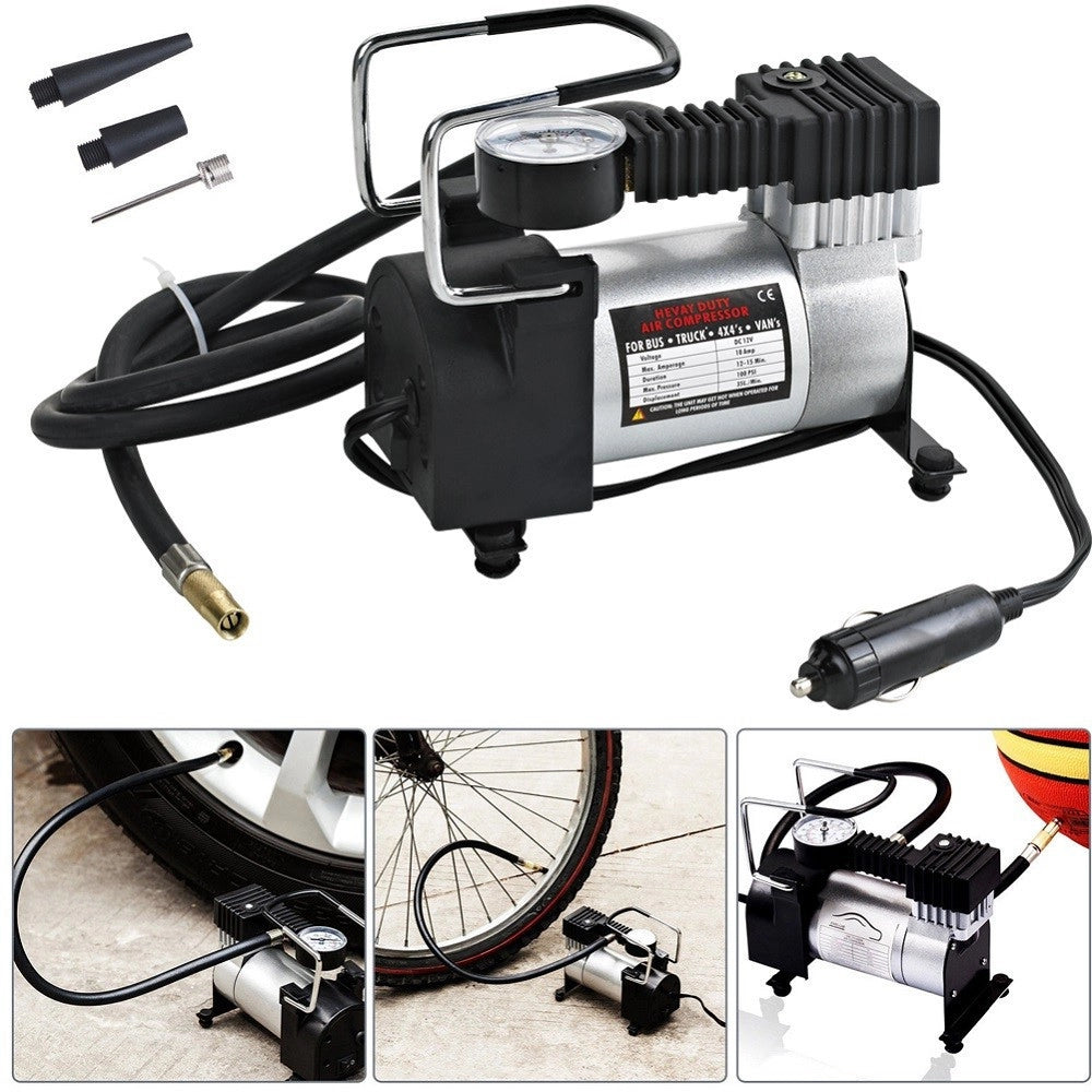 Trade Shop - Mini Compressore Aria Portatile Auto 12v 140psi 3 Connettori Bici Gonfiabili -