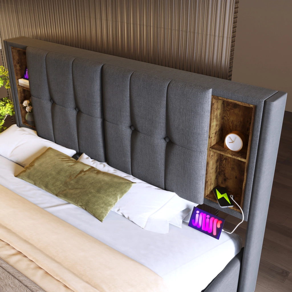 Letto matrimoniale imbottito 140x200 con ricarica wireless, USB e materasso incluso