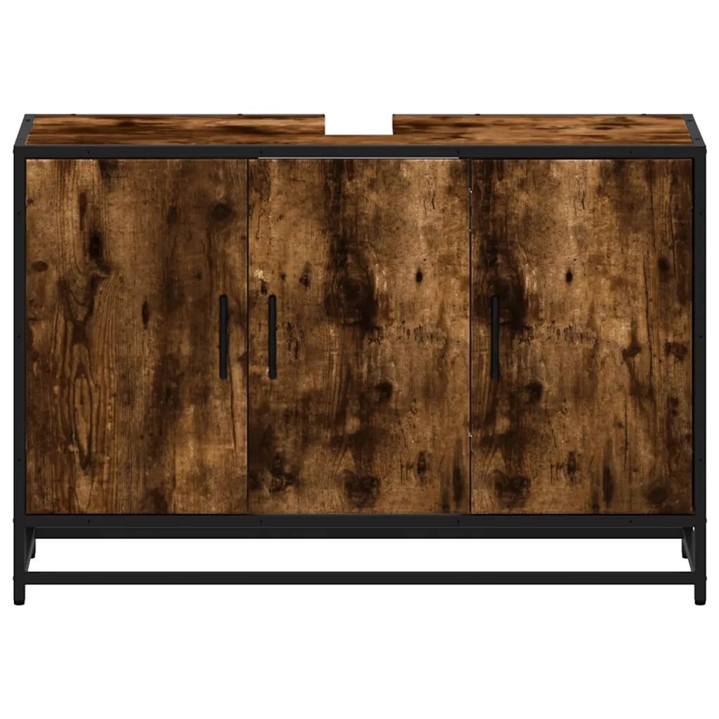 Elegante mobiletto da bagno in stile retrò 90 x 33 x 60 cm ampio spazio contenitivo stile industriale legno di rovere affumicato 02_0049659