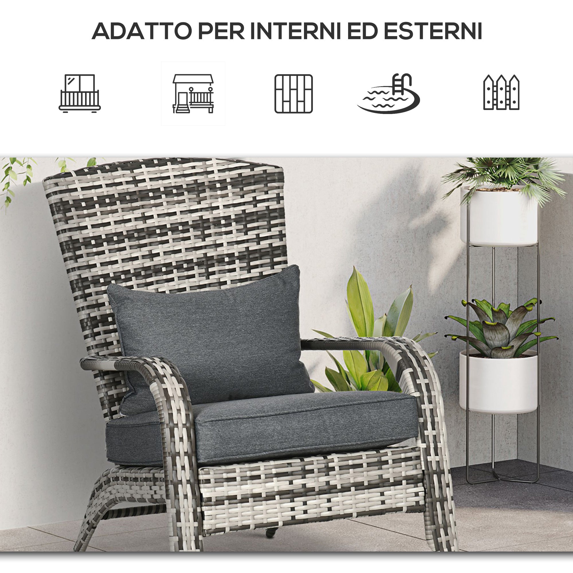 Sedia da Giardino 64x80x90 cm in Rattan e Acciaio Grigio
