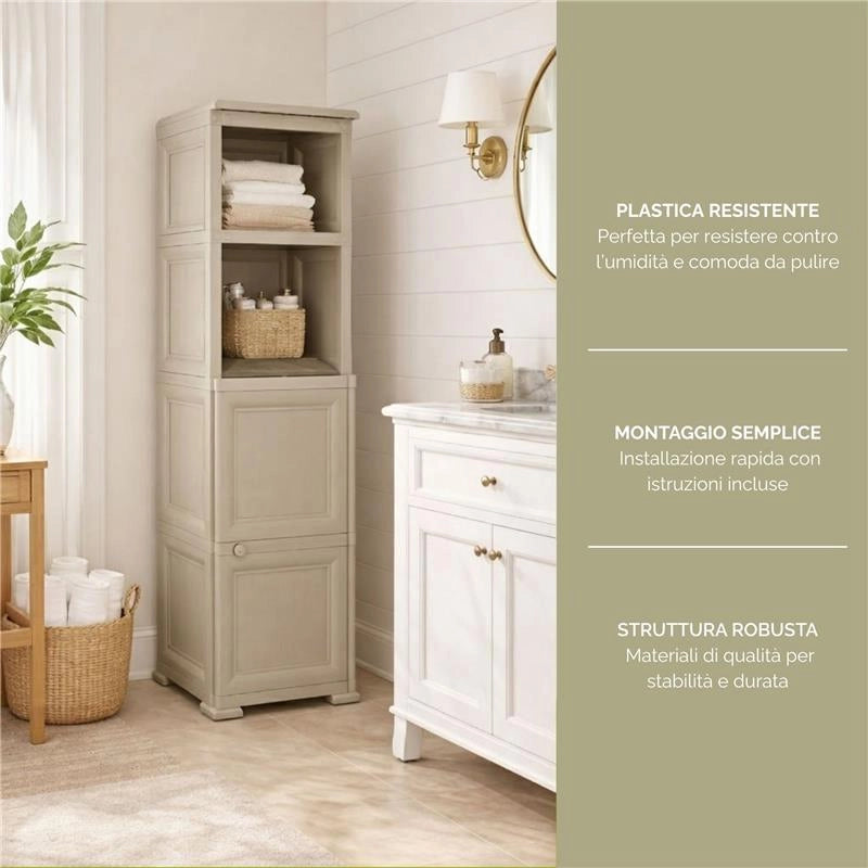 MOBILE BAGNO SALVASPAZIO 4 MODULI TAUPE 40X43X164 CM CON ANTA EFFETTO LEGNO E RIPIANI A VISTA – MOBILE CONTENITORE VERTICALE PER ARREDO BAGNO