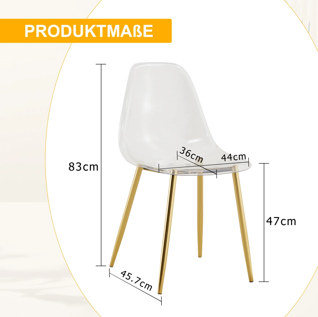 Set 4 sedie da pranzo trasparenti con gambe in metallo oro; 83 cm; plastica e metallo