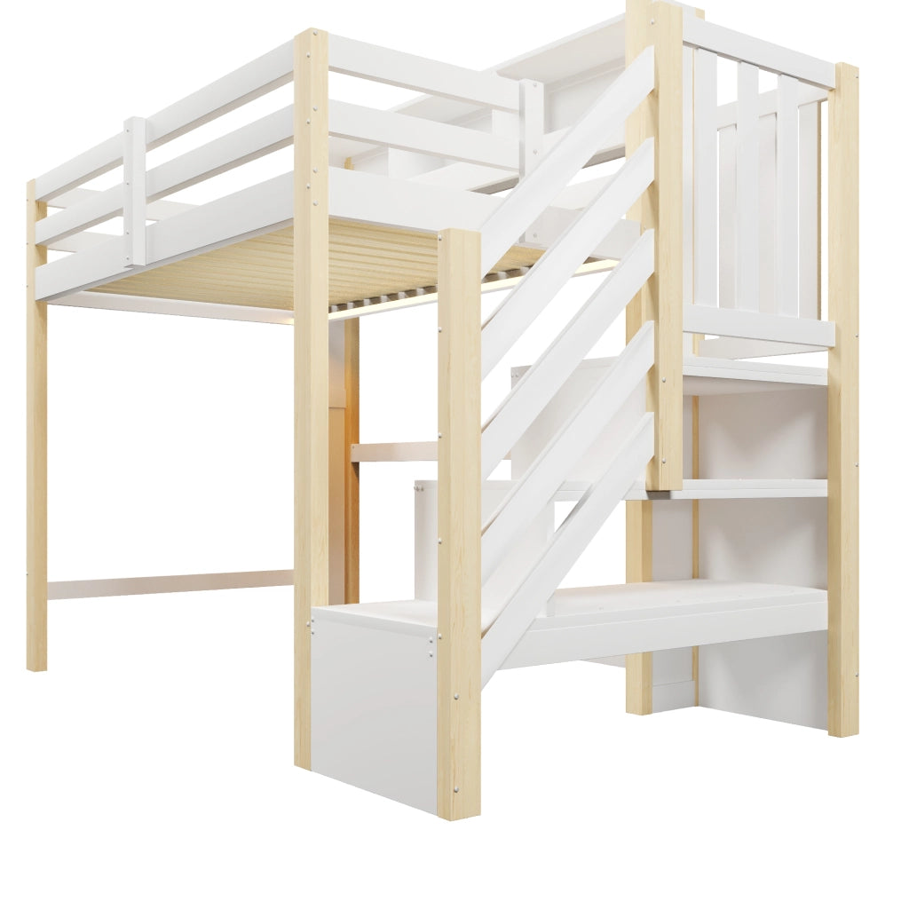 Letto a soppalco 90x200 cm con LED e scala contenitore; bianco e naturale