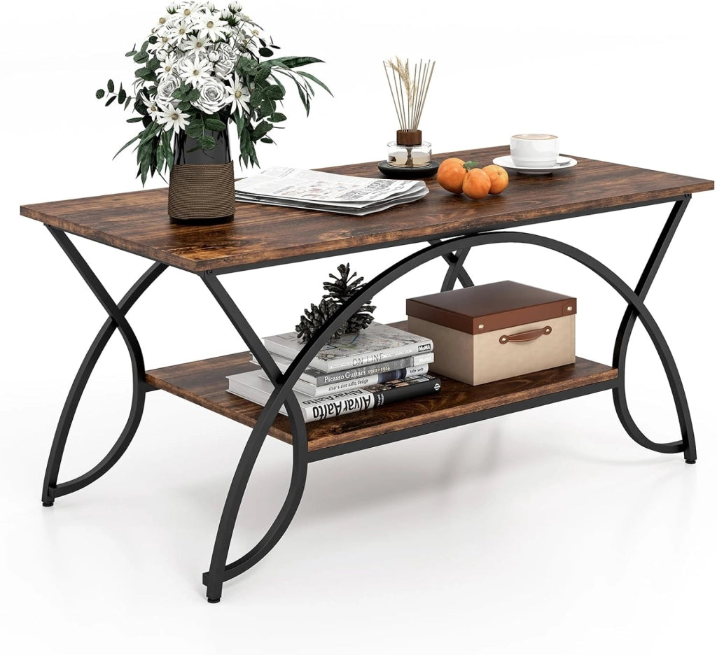 Tavolino da Caffè da Salotto, Tavolino Rettangolare a 2 Livelli con Struttura in Metallo, Tavolino Elegante e Moderno per Studio, Ufficio e Soggiorno, 100 x 50 x 45 cm (bianco e oro)