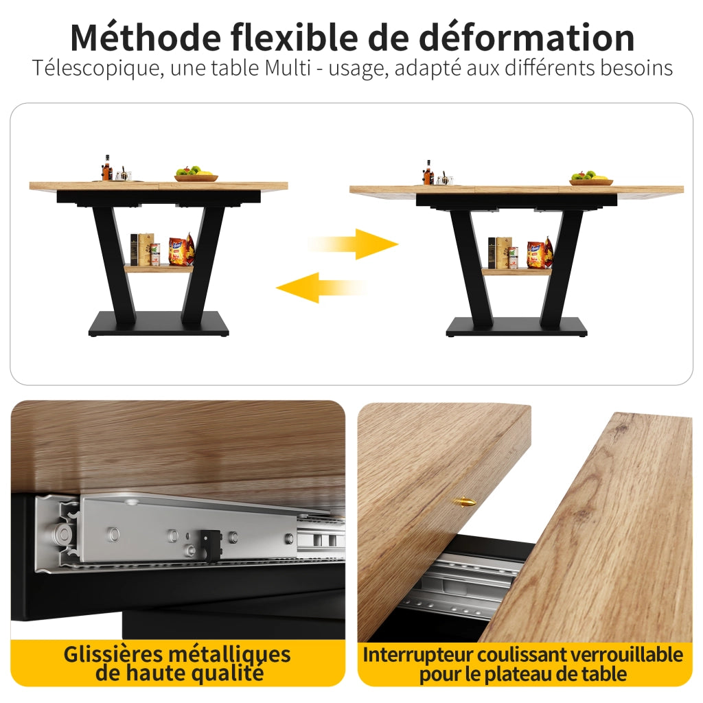 Tavolo da pranzo allungabile con 4 sedie, struttura in MDF e metallo, nero e naturale, 118 × 70 × 75 cm