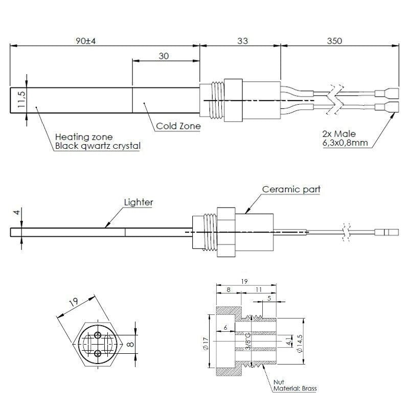 PS13-230-400  Resistenza accensione per stufe a pellet in cristalli di quarzo nero, con raccordo filettato 3/8" GAS.