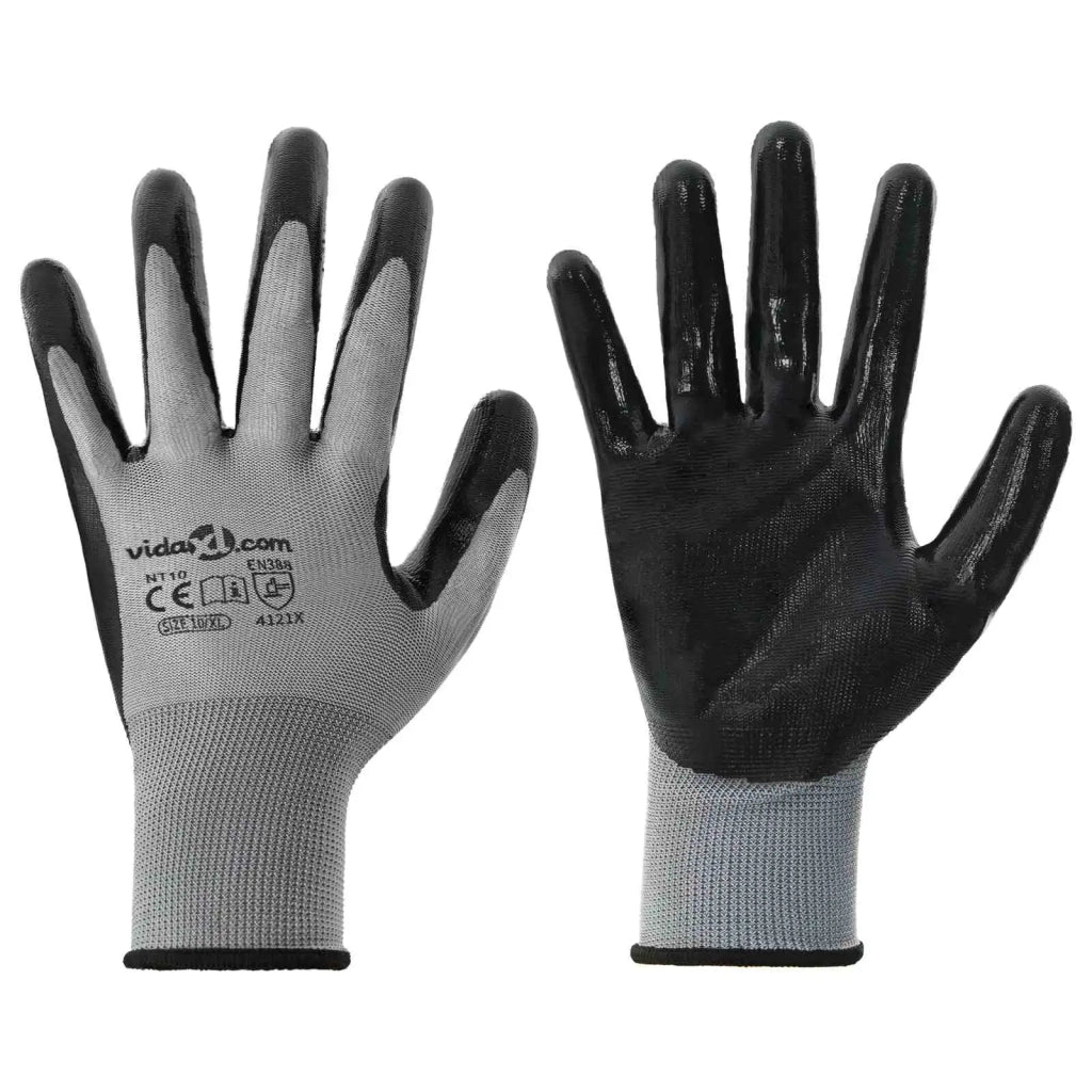 Guanti da Lavoro 12 pcs Grigio e Nero 10 / xl Poliestere