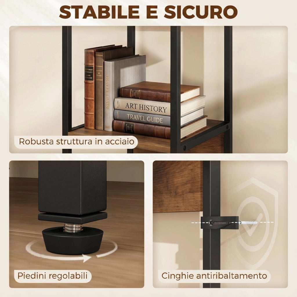 Libreria 29,5x30x185 cm Scaffale a 6 Ripiani Finitura in Legno e Acciaio Marrone