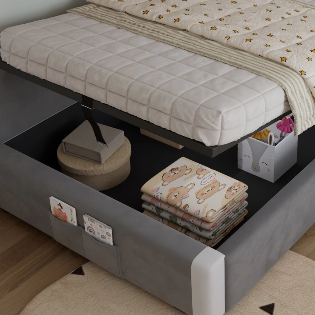 Letto Contenitore per Bambini 90 x 200 cm; Letto Singolo - Sponda Imbottita e Tasca
