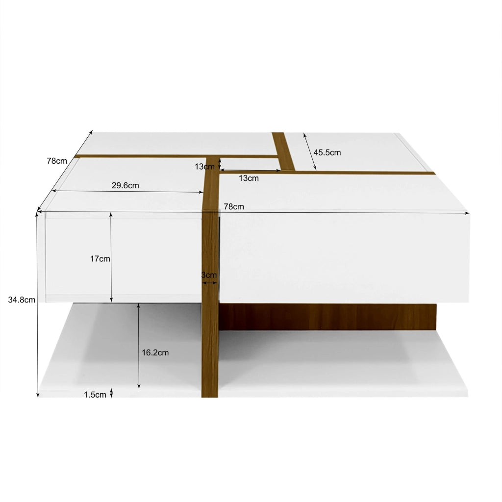 Tavolino da Caffè Quadrato con 4 Cassetti e Ripiano; Motivo a Linee; Finitura Lucida; in Pannello Truciolare; Bianco; 78×78×34;8 cm