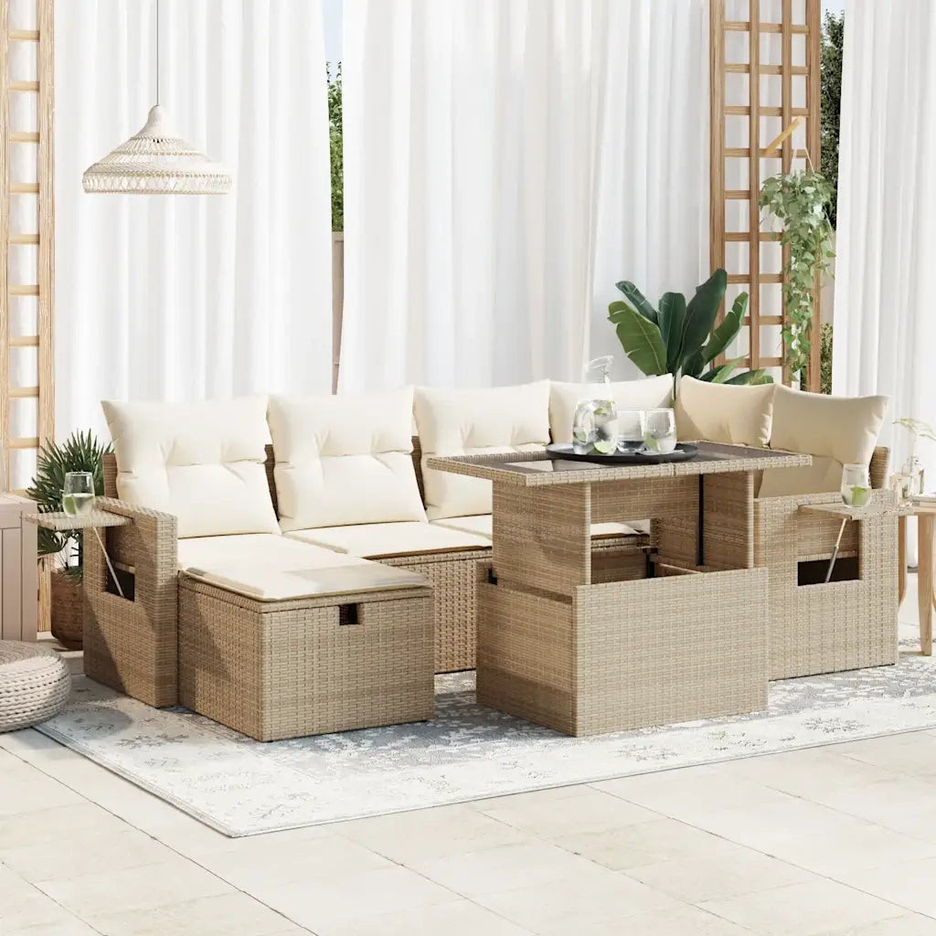 Set Divani da Giardino 7 pz con Cuscini Beige in Polyrattan 3327858