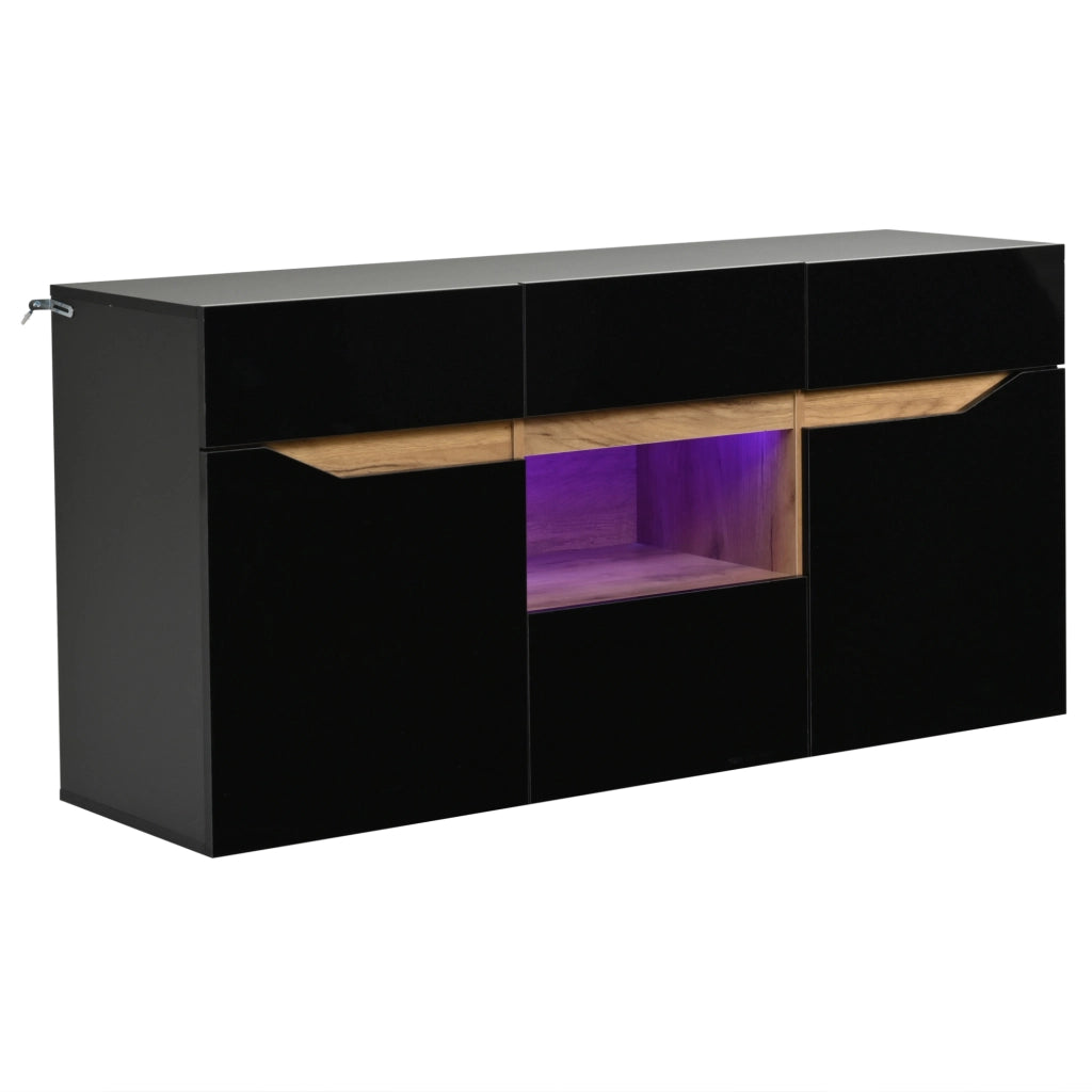 Credenza soggiorno con LED 140x40x70 cm; 4 cassetti e 2 ante in truciolare nero