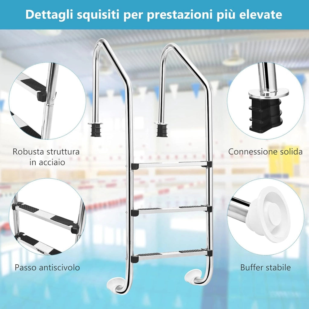 Scaletta per Piscina in Acciaio Inox, Scaletta Piscina con 3 gradini Antiscivolo, con Corrimano Comodo, Capacità di Carico: 150 kg