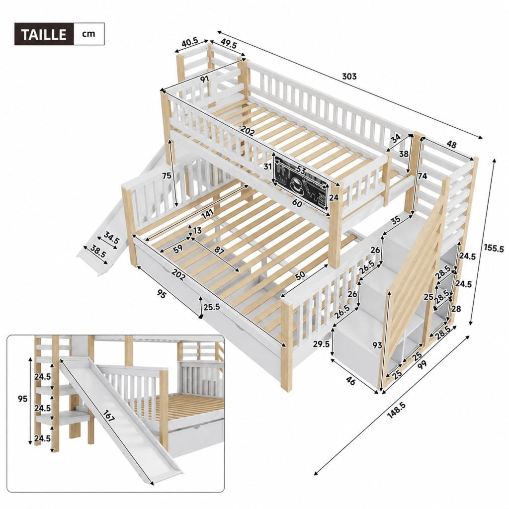 DESMIU Letto a castello per bambini 90 × 200 cm e 140 × 200 cm con scala, lavagna e scivolo, senza materasso, bianco
