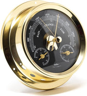 Stazione meteorologica marittima con barometro da 125 mm, cassetta nera e cassetta in ottone.