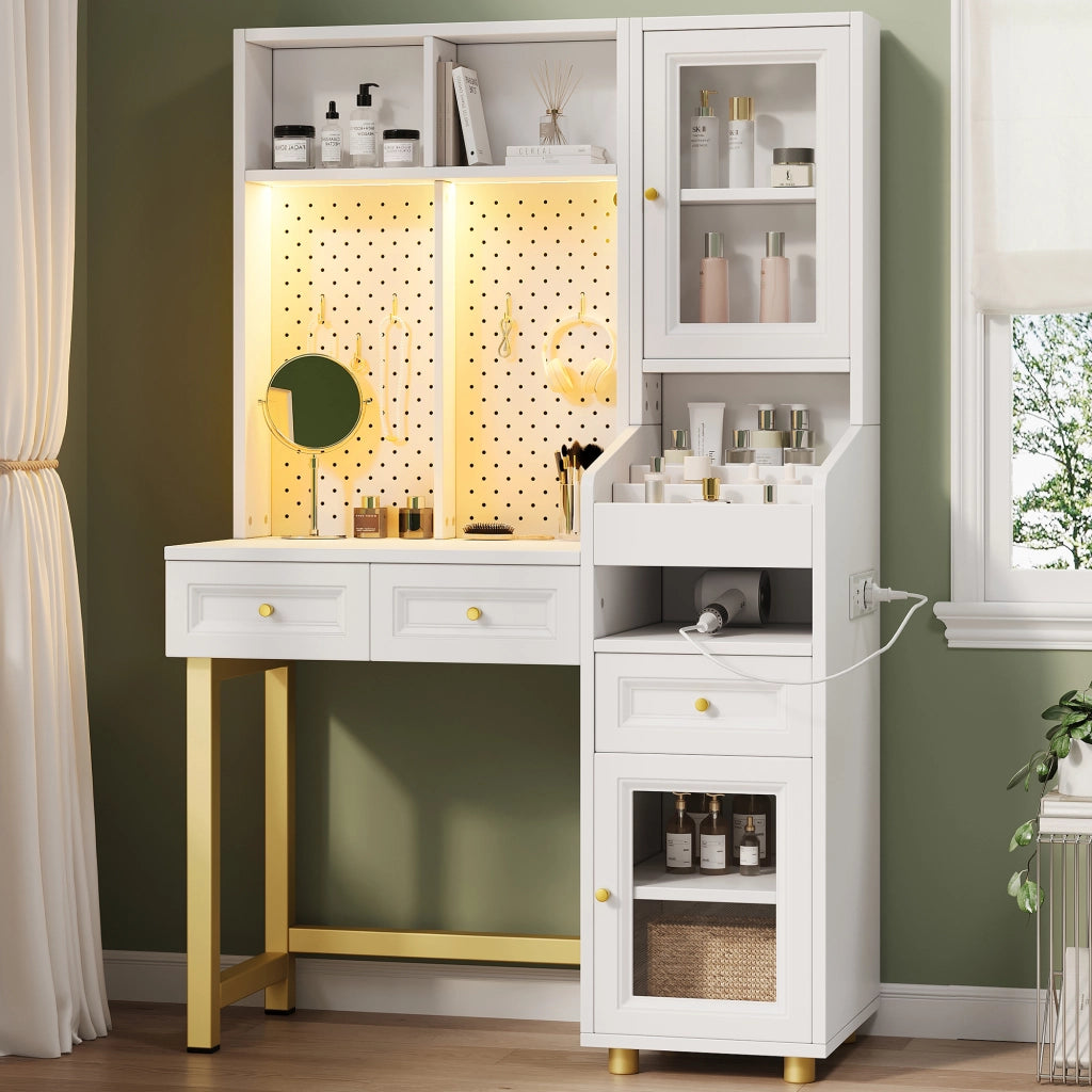 Toeletta Scrivania con LED; 3 cassetti e vano con anta - per studio - bianco