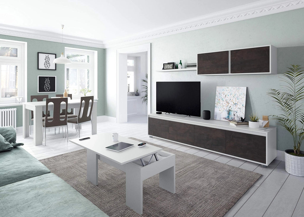 Parete Attrezzata Mobile Soggiorno Tv Con Mensola E Modulo Sospeso Per Salotto Sala Da Pranzo Design Moderno 200 X 41 X 43 Cm Colore Bianco/Ossido
