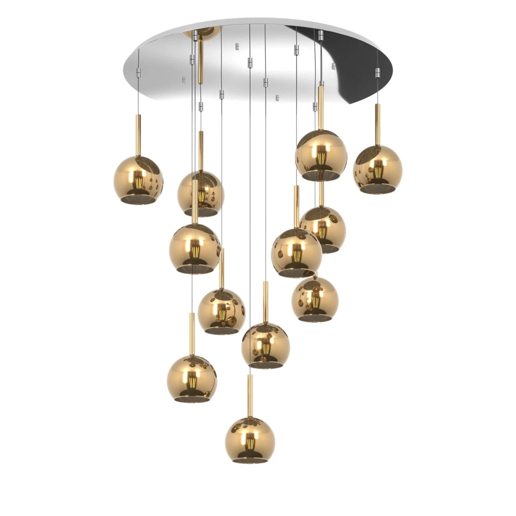 Lampadario Contemporaneo Future Metallo Cromo Vetro Oro 12 Luci E27