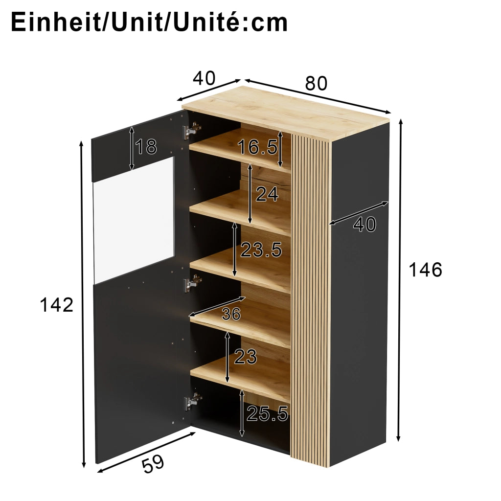 OKWISH Mobile contenitore con 1 anta in vetro, 3 ripiani fissi e 2 regolabili, LED e passacavi, 80 x 40 x 146 cm