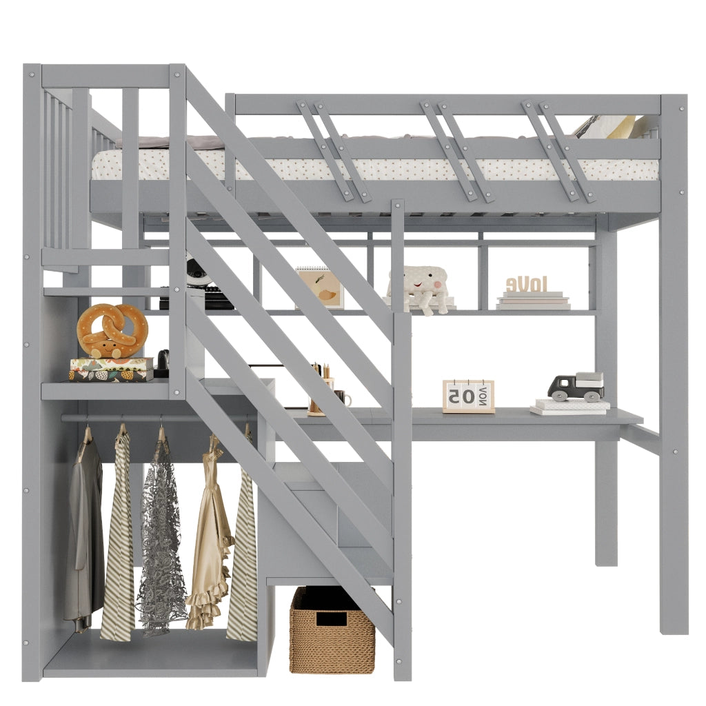 Letto a soppalco 90x200 cm con scala contenitore; scrivania; USB e LED; legno massello grigio