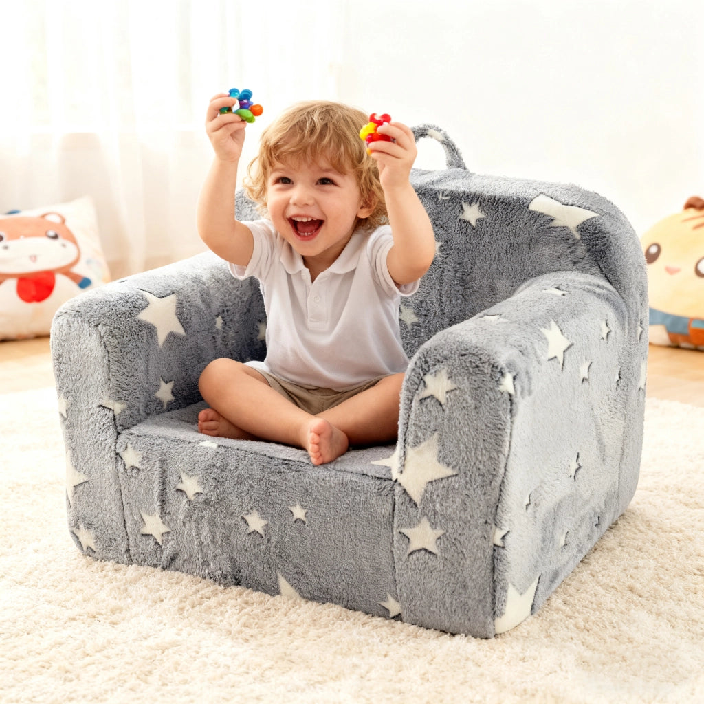 Poltroncina per bambini in schiuma, grigia, con maniglia e tasche laterali