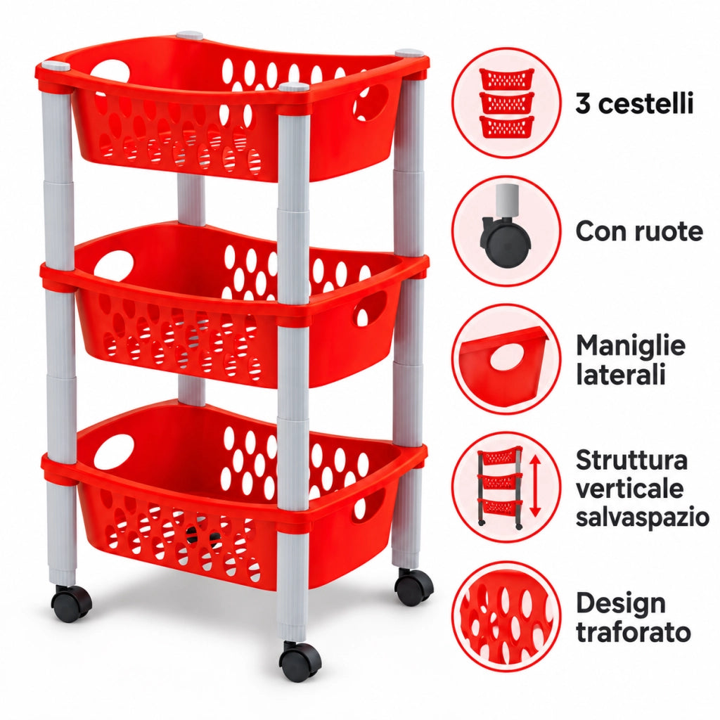 Carrello da Cucina in Plastica Otello 3 Cassetti Rosso 40 x 30 x 70 cm