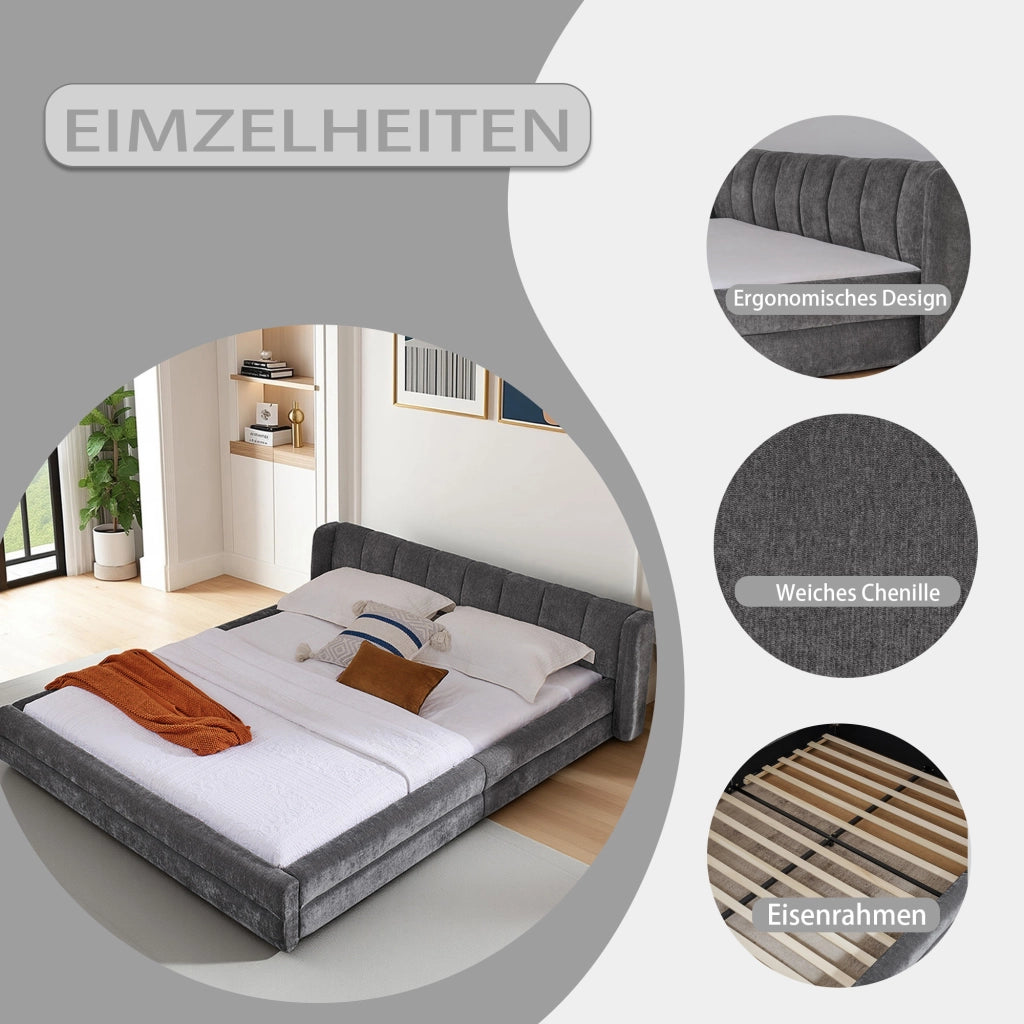 Letto matrimoniale 140 × 200 cm con testiera imbottita, senza materasso, in ciniglia, grigio scuro