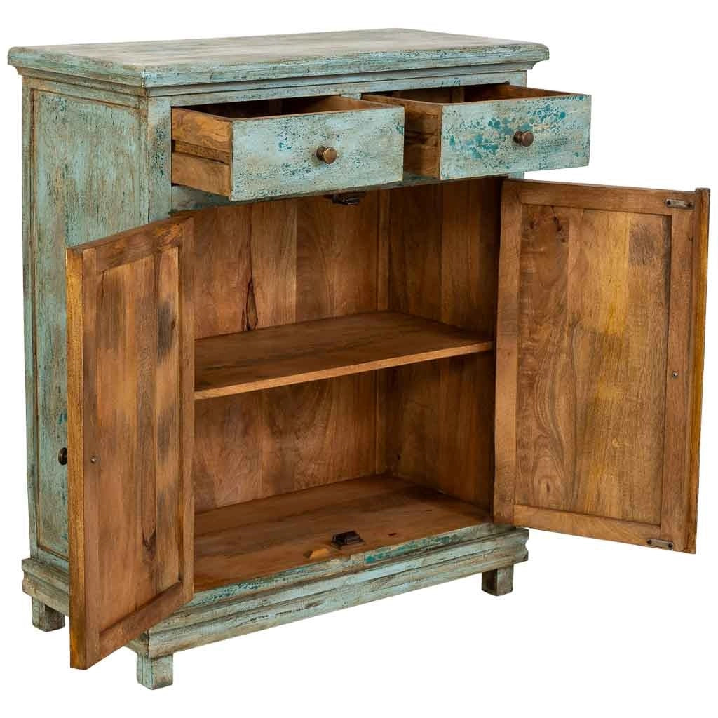 Mobile da ingresso artigianale in legno turchese 85x40x100h cm