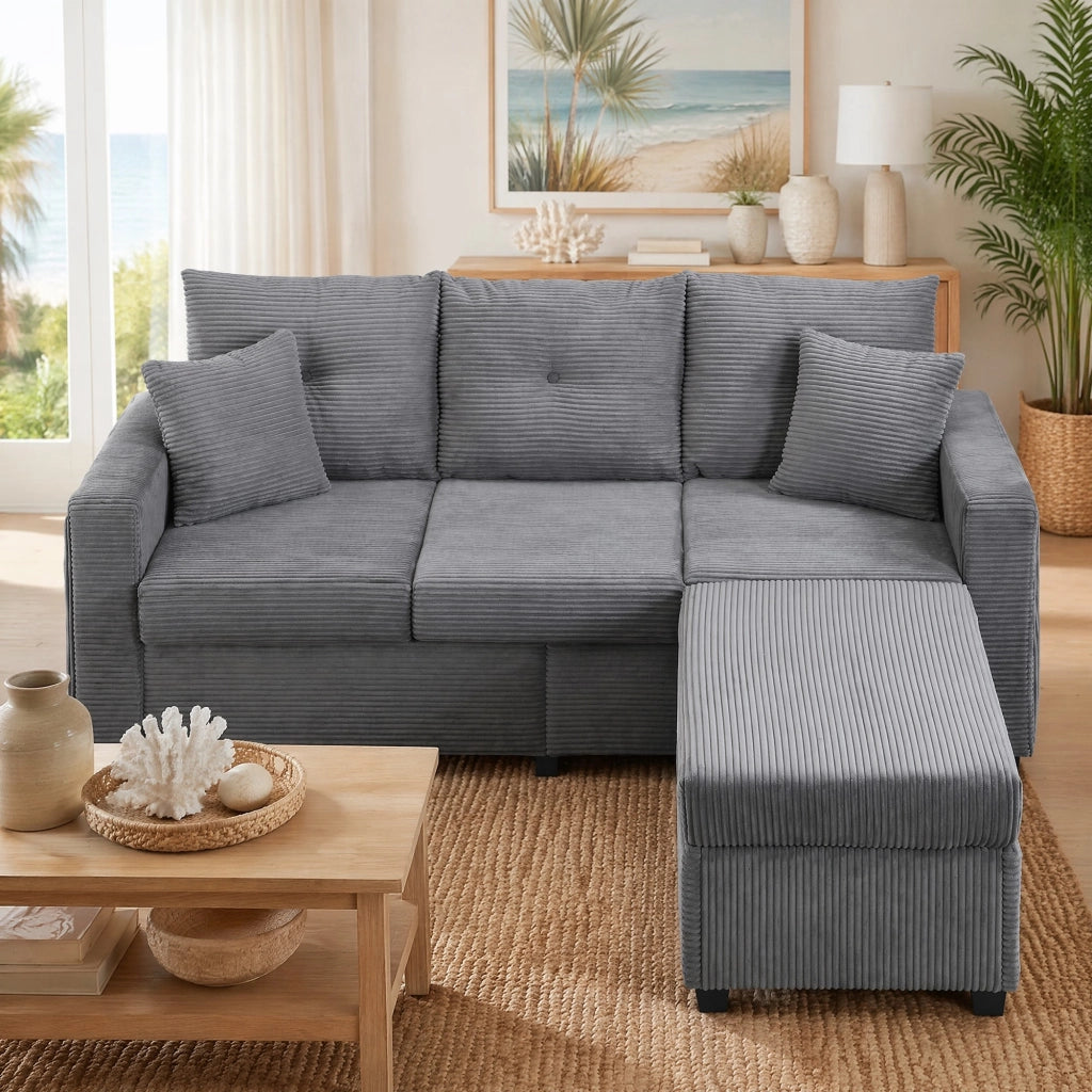 DIVANO modulare a L con pouf, LED, set 5 cuscini, corduroy grigio anticato