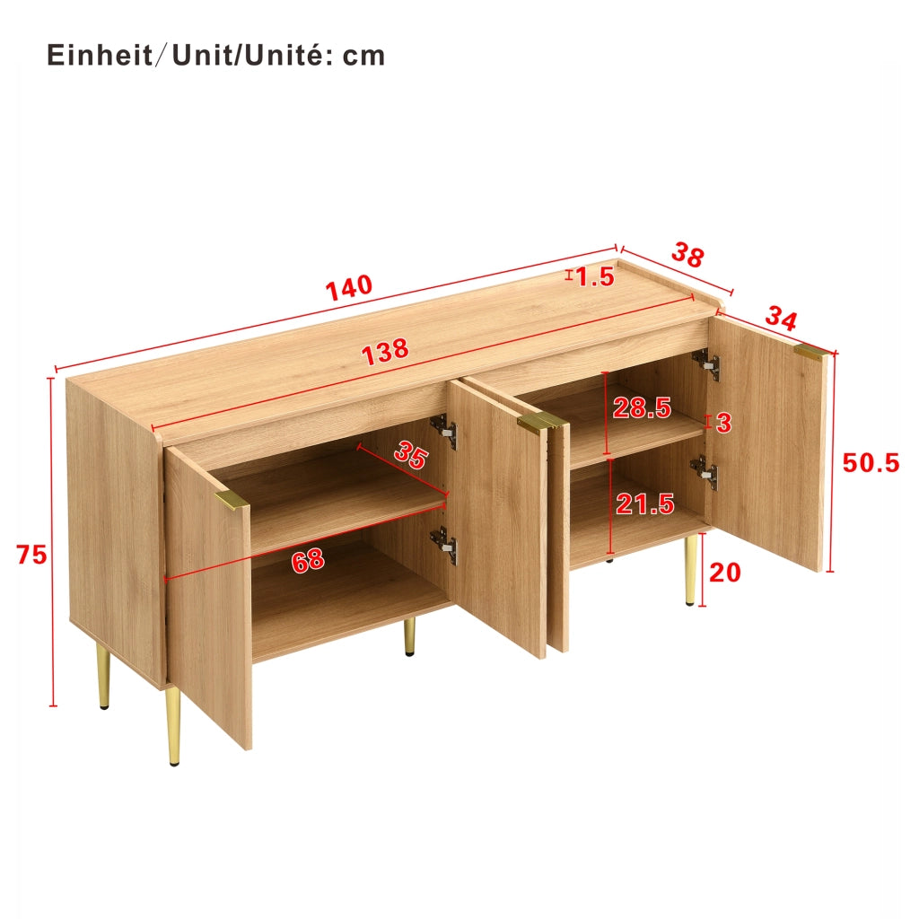Credenza con 4 Ante e Ripiani Regolabili; Gambe in Metallo Dorato; Stile Moderno; in MDF; Naturale; 140??38??75 cm